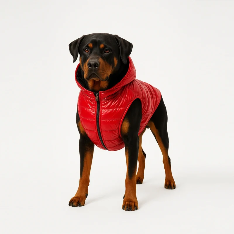 Rottweiler dog wearing a stylish winter coat, inspired by Chop from GTA 5.