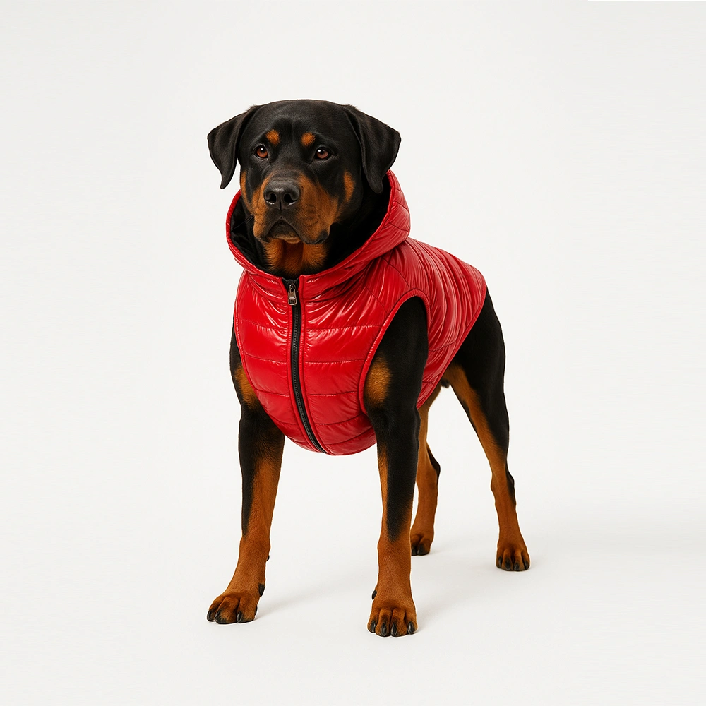Rottweiler dog wearing a stylish winter coat, inspired by Chop from GTA 5.