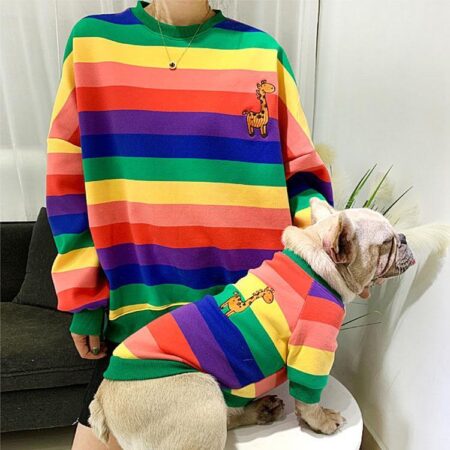 Dog and Owner Matching Outfits – Autumn/Winter Fleece-Lined Pet and Owner Clothing, Colorful Striped Cartoon Pet Clothes